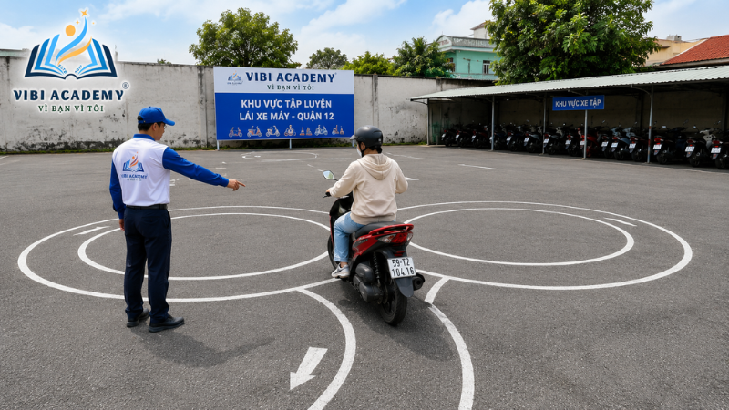 Học viên thực hành thi bằng lái xe máy A1 TPHCM tại sân tập Quận 12